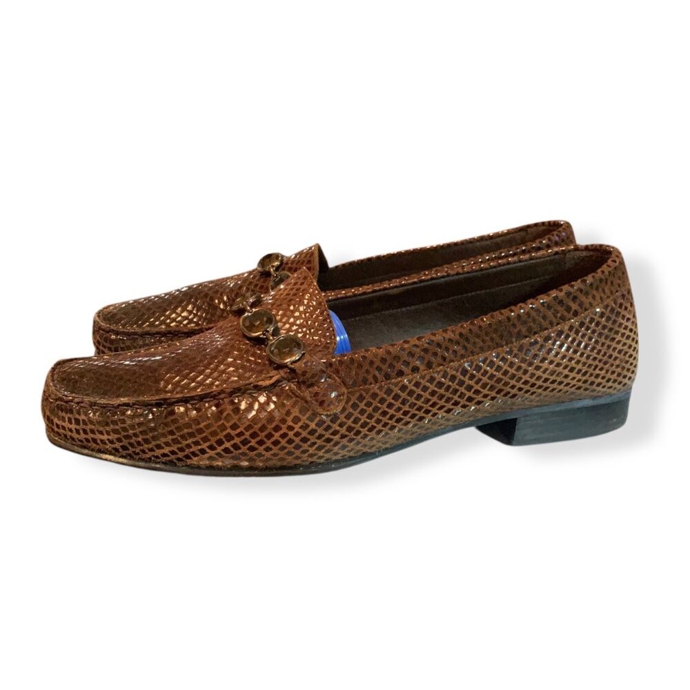 Stuart Weitzman Loafers‎ Brown Snakeskin Embossed Leather Slip-On Loafers Jewel